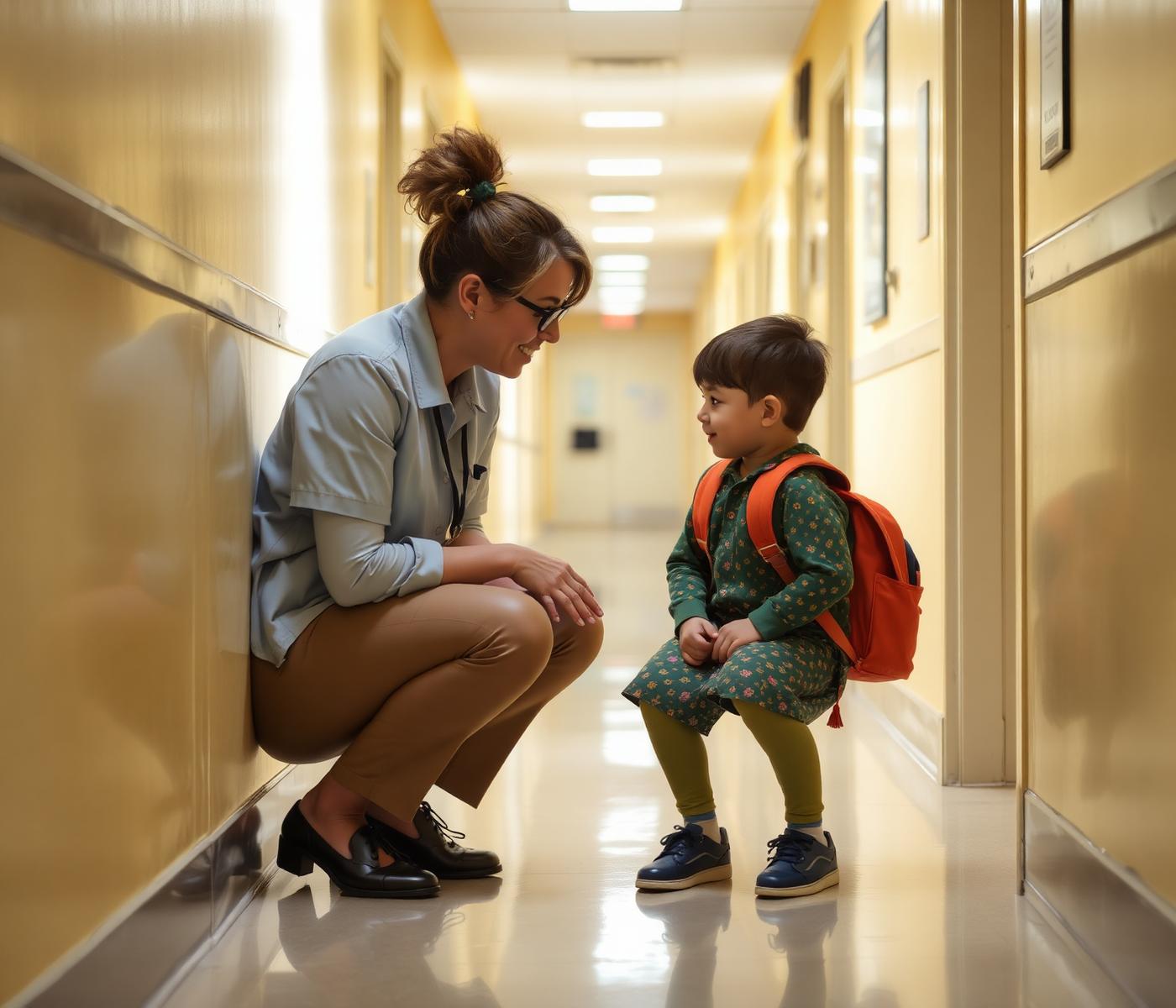 Coordenadora conversando de forma acolhedora com um aluno no corredor da escola