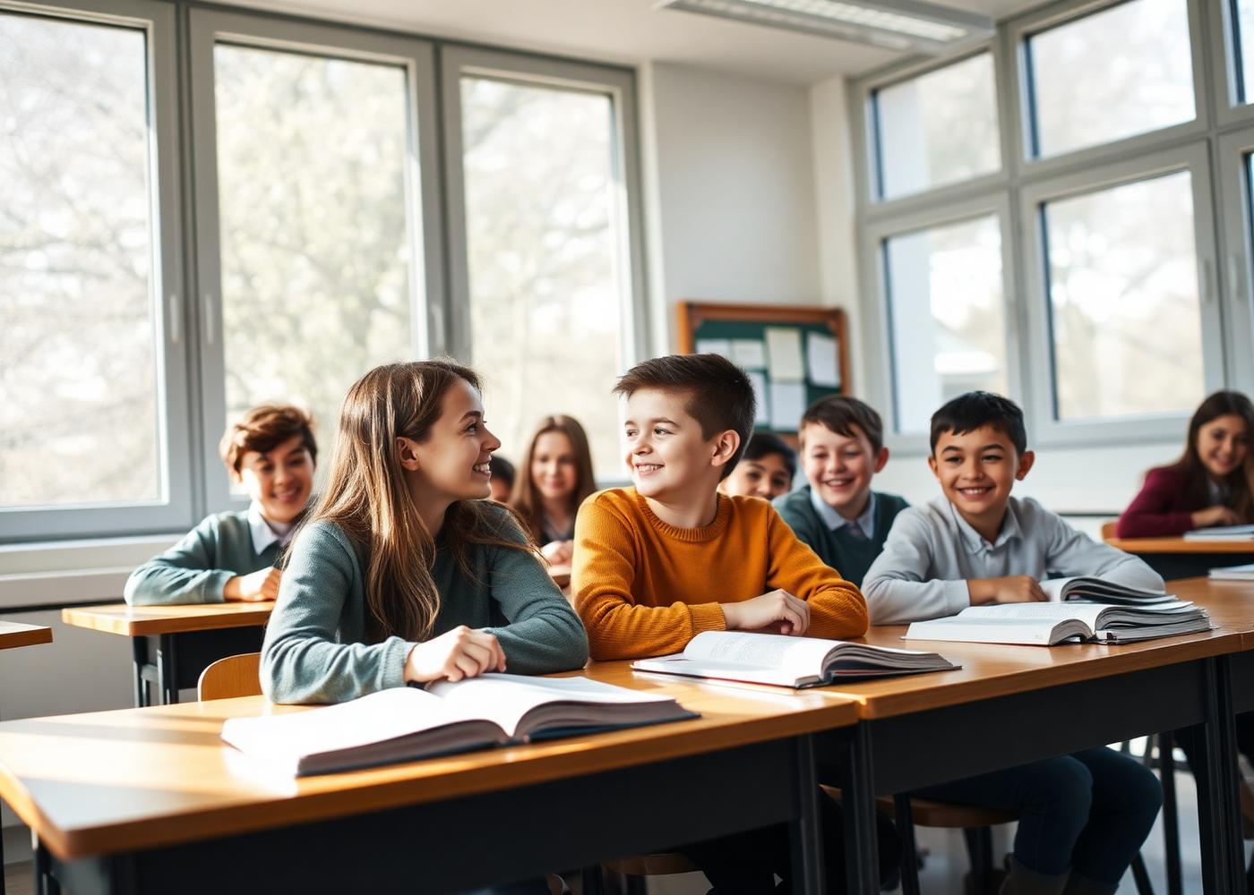 Alunos participando de uma aula de inglês em sala clara