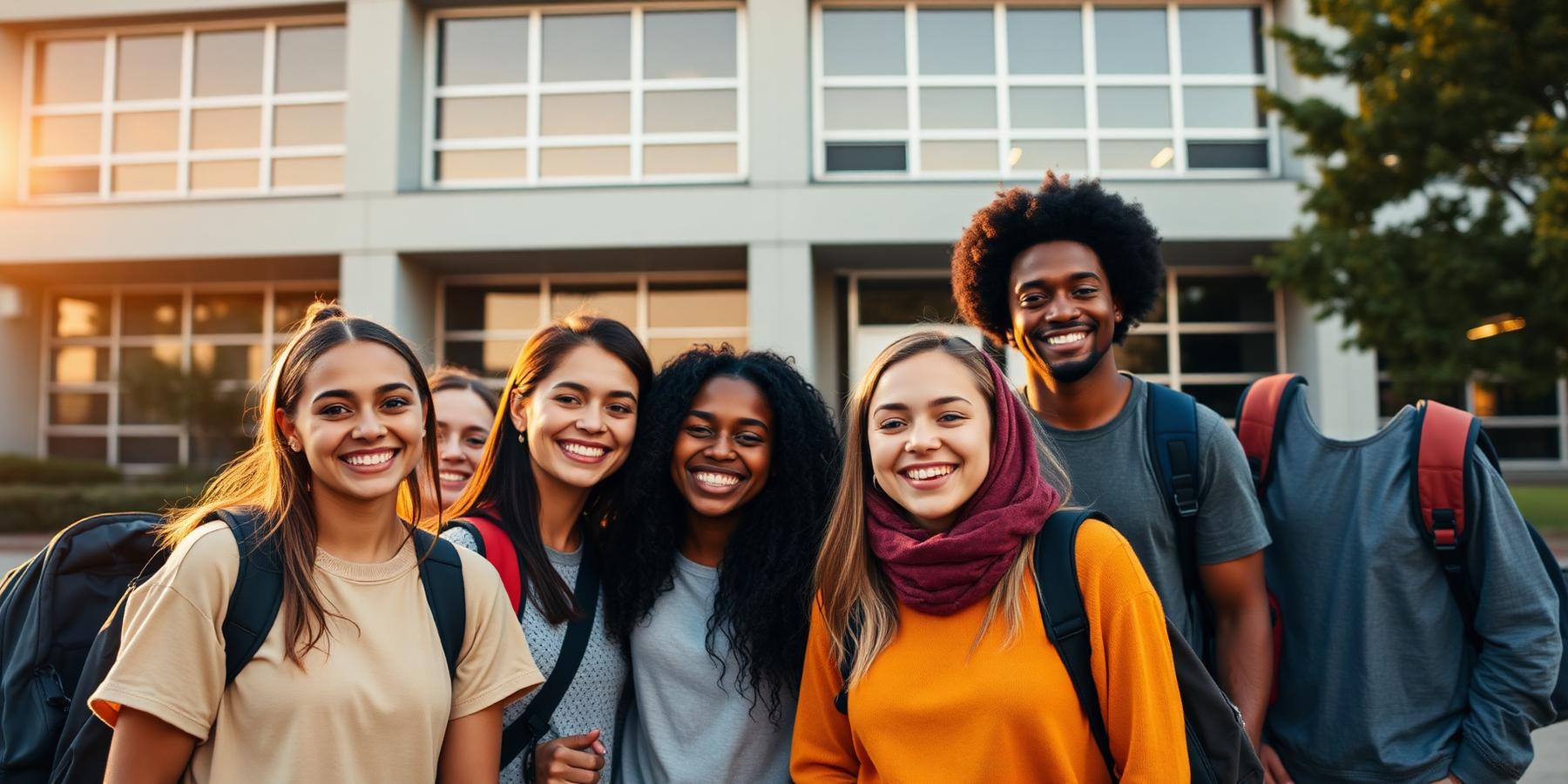 Alunos do Colégio Desígnio sorrindo em frente à escola