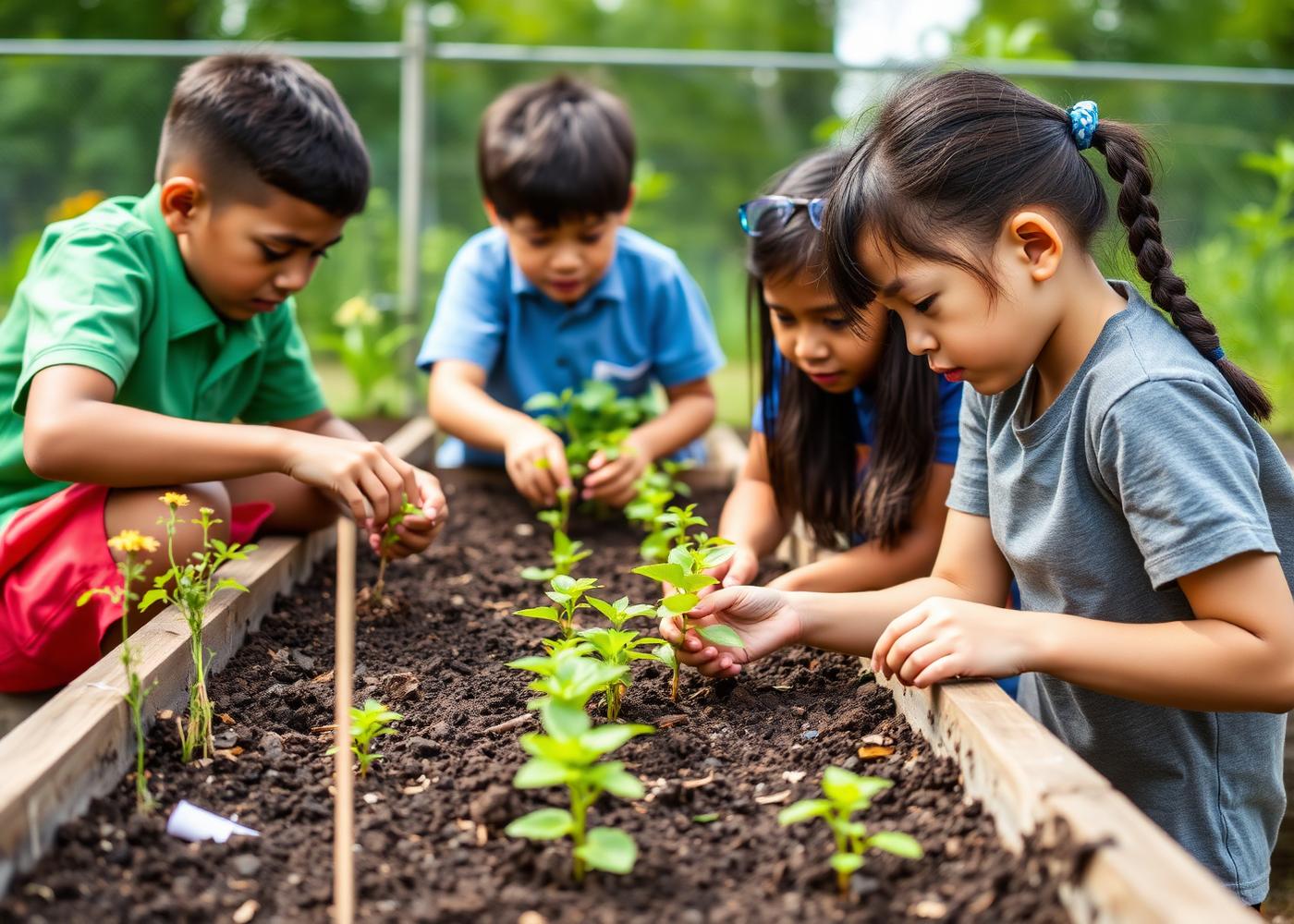 Crianças plantando mudas na horta da escola