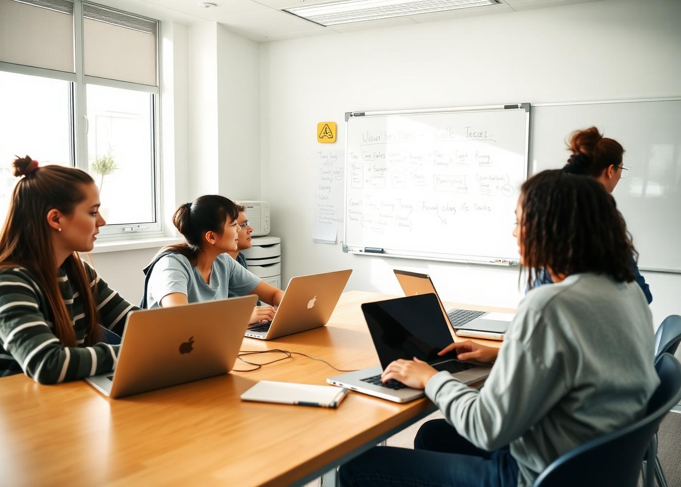 Estudantes trabalhando em grupo com notebooks em sala moderna