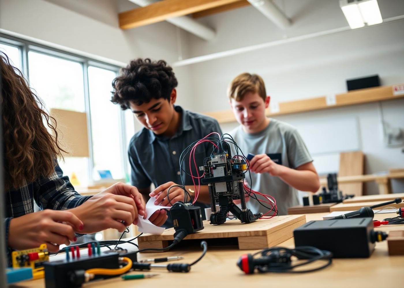 Alunos montando um projeto de robótica em laboratório maker