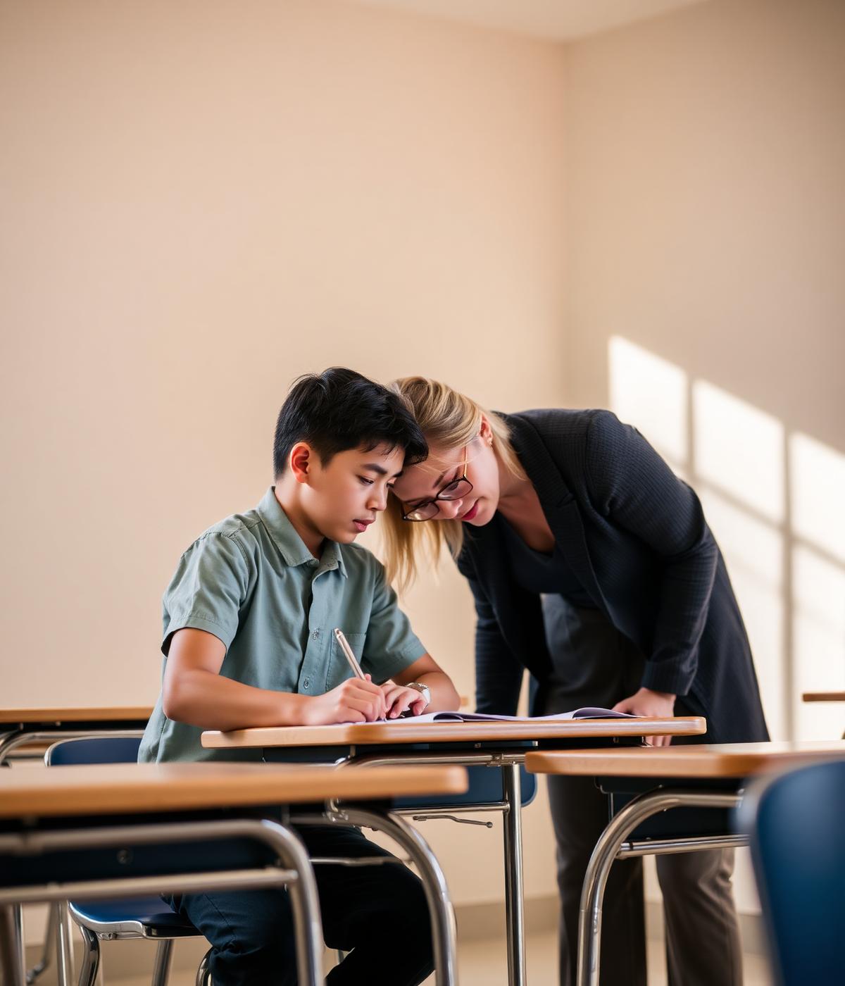 Professora acompanhando individualmente um aluno em sala de aula